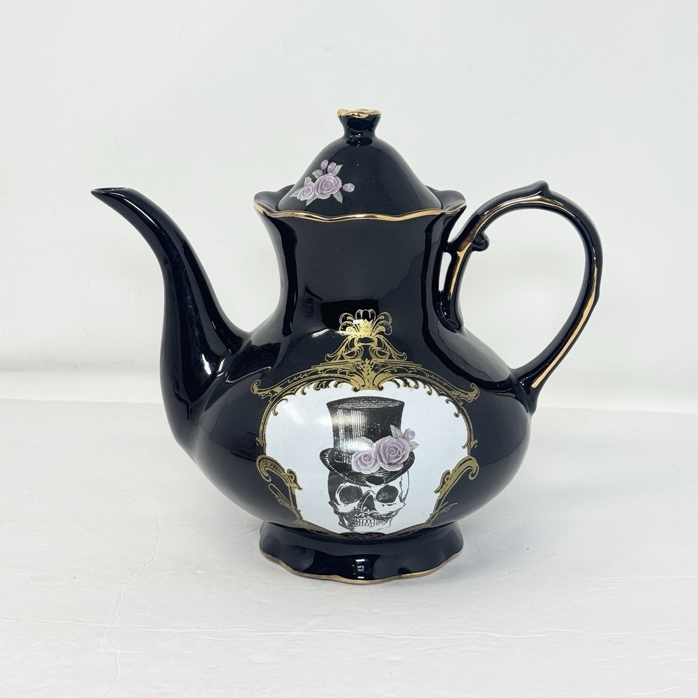 Ashland Black Skull Purple Gold Porcelain Ceramic Teapot Victorian Style Gothic